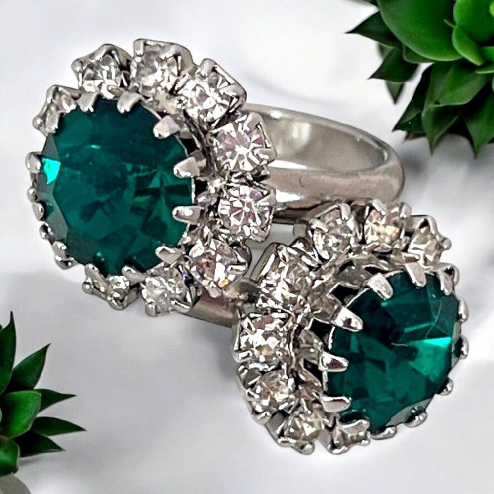 Vintage 1960s Wrap Ring Green Crystal Clear Accent Silver Tone Adjustable - 10D